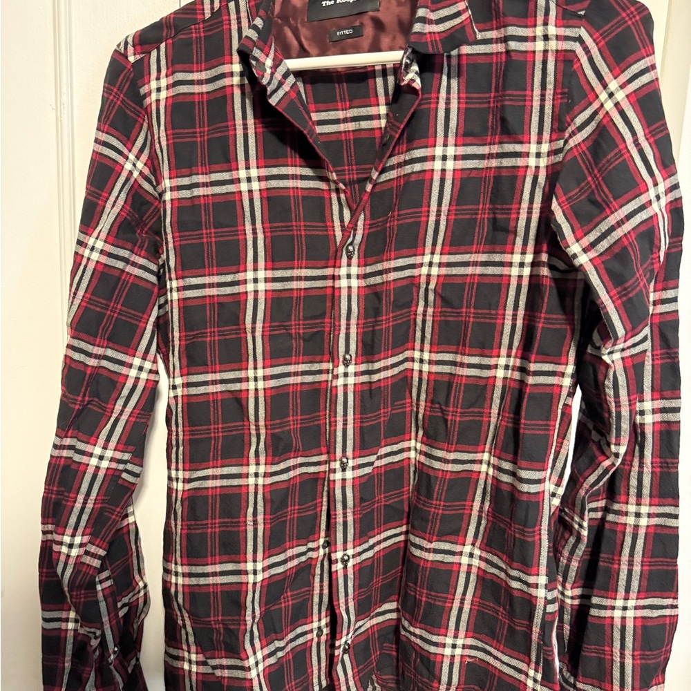 The Kooples Red and White Plaid Casual Shirt with skull buttons